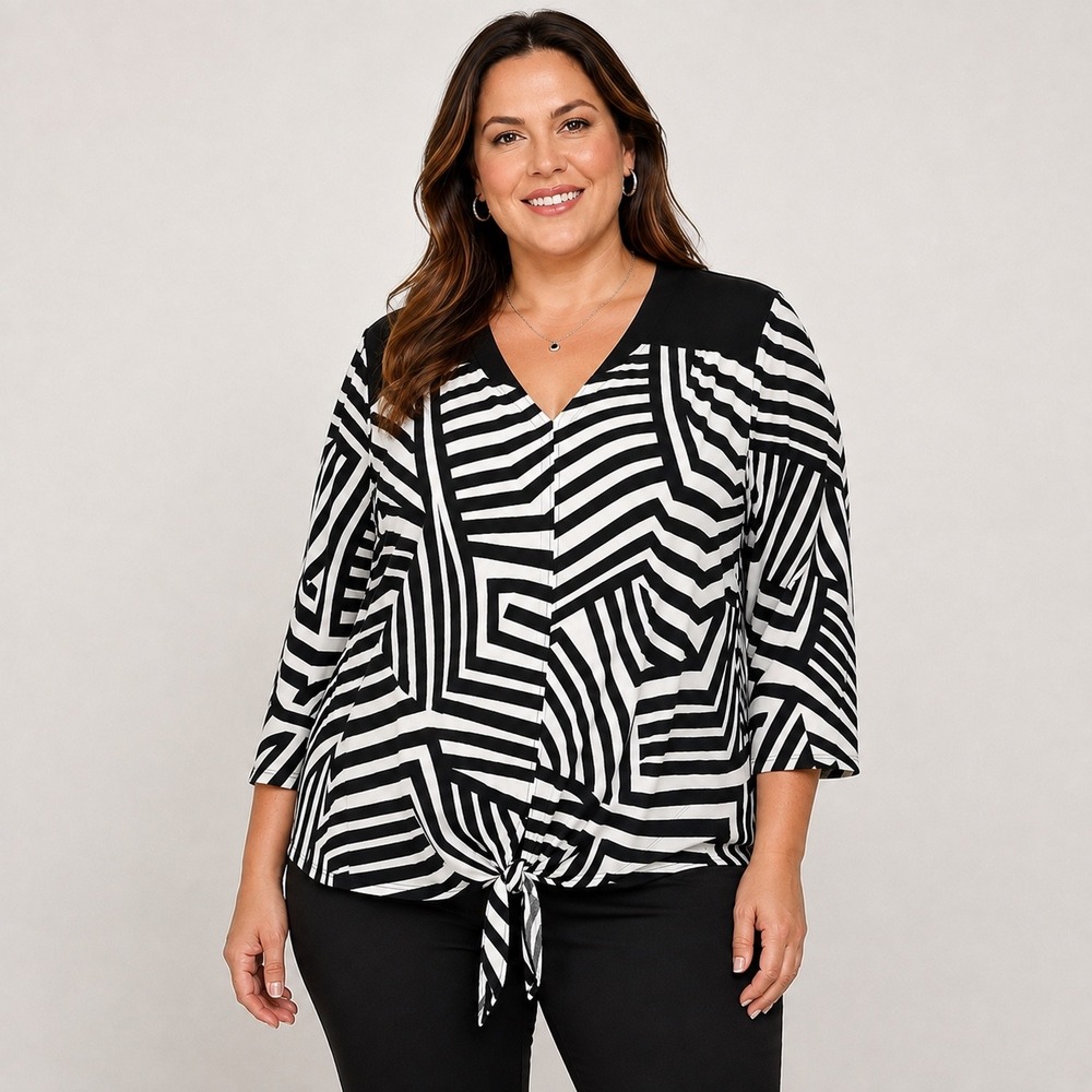 Alfani Blouse 2X Black White Geometric Tie Front V Neck Plus Size Top Made USA